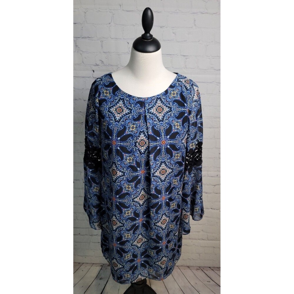 IN San Francisco Women's Mini Dress Tunic Top Round Neck Bell Sleeve Sz M Boho